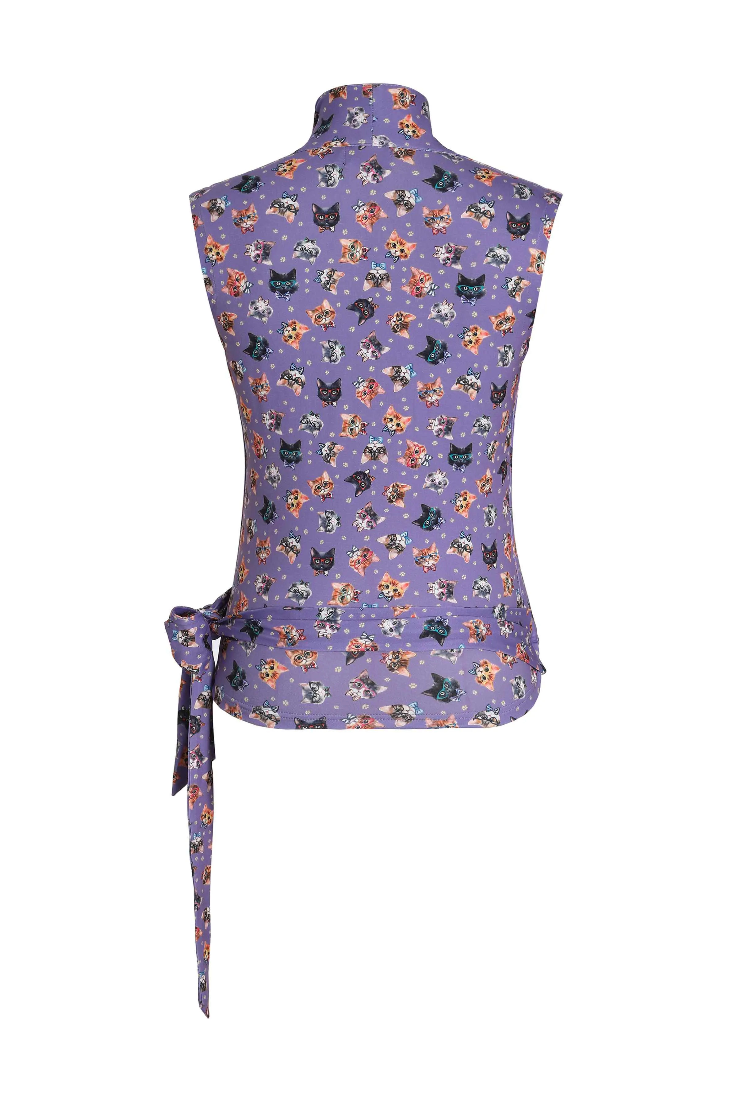 Felix Sleeveless Wrap-Around Purple Cat Print Top