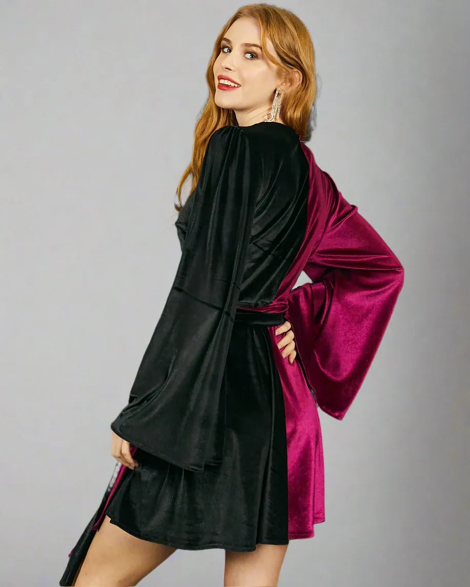 Flared Sleeve Mini Wrap Dress in Black and Red Velvet | Scarlett