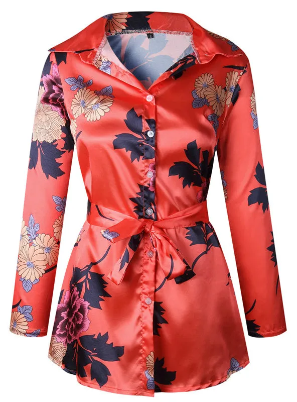 Floral Print Notched Dress Women Summer Long Sleeve Sexy Split