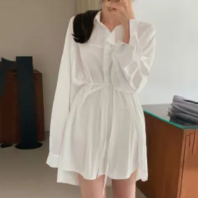 Flytonnshop 2024 fall fashion trends Long Sleeve Polo Collar Lace-up Loose Shirt Dress Spring and Autumn New Women's Clothing Salt Korean Style Stacked Short Skirt