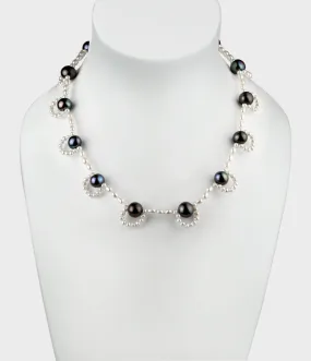French Lace Pearl Necklace / Sterling Silver / White Pearls with Peacock Pearls