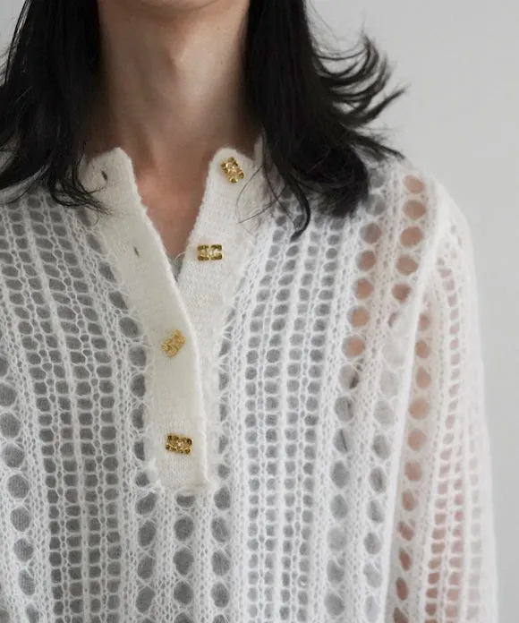 GANNI Mohair Lace Polo "BRIGHT WHITE"