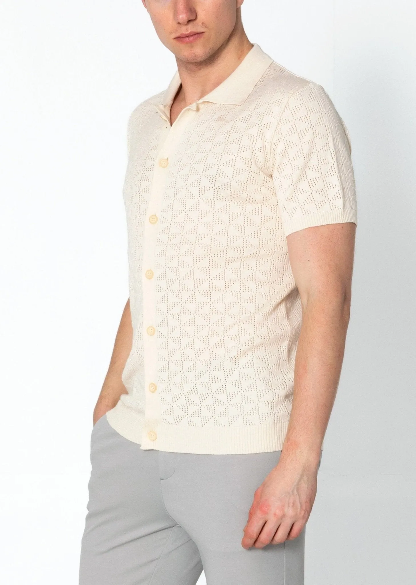 Geometric Crochet Knit Polo - Beige