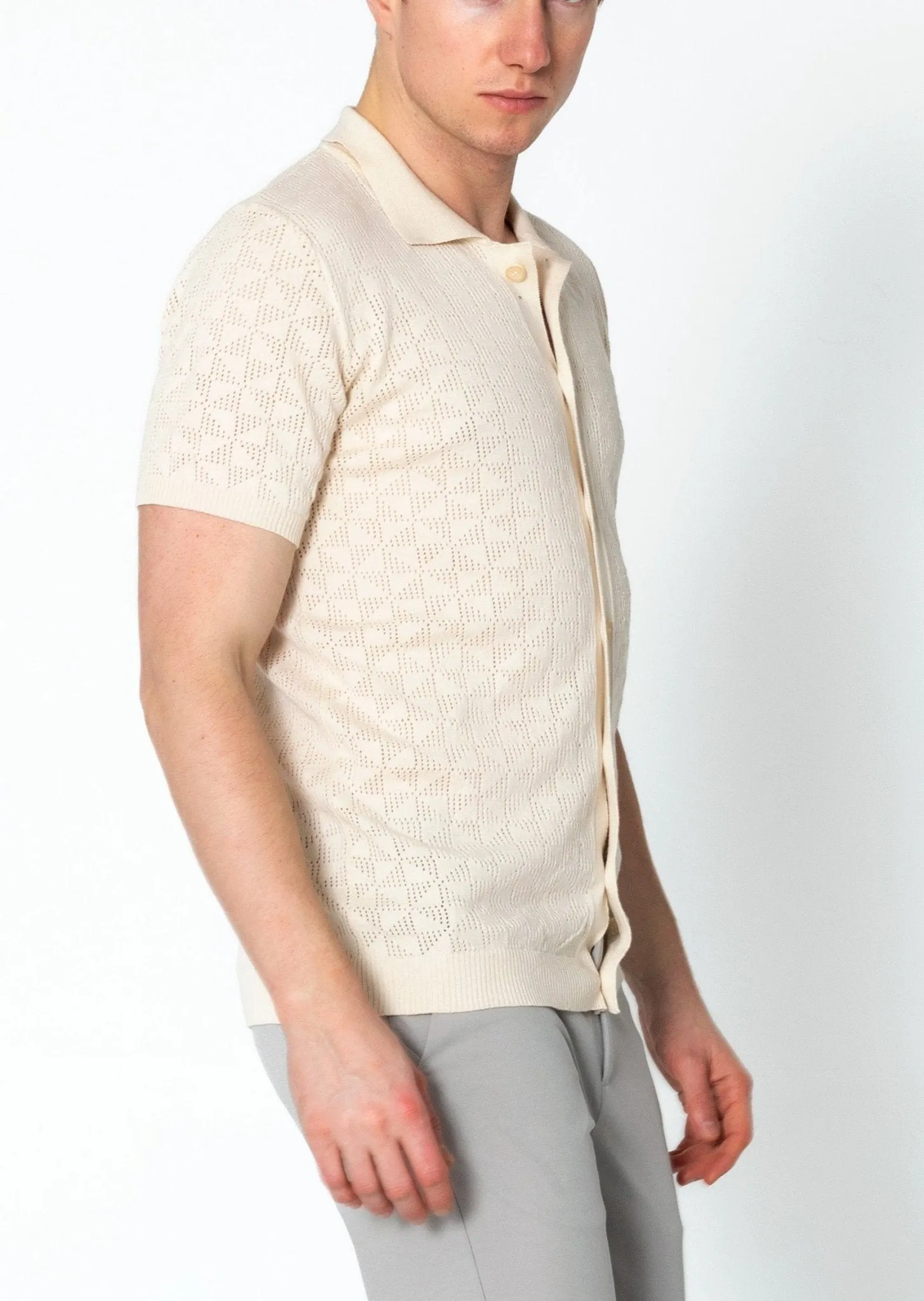 Geometric Crochet Knit Polo - Beige
