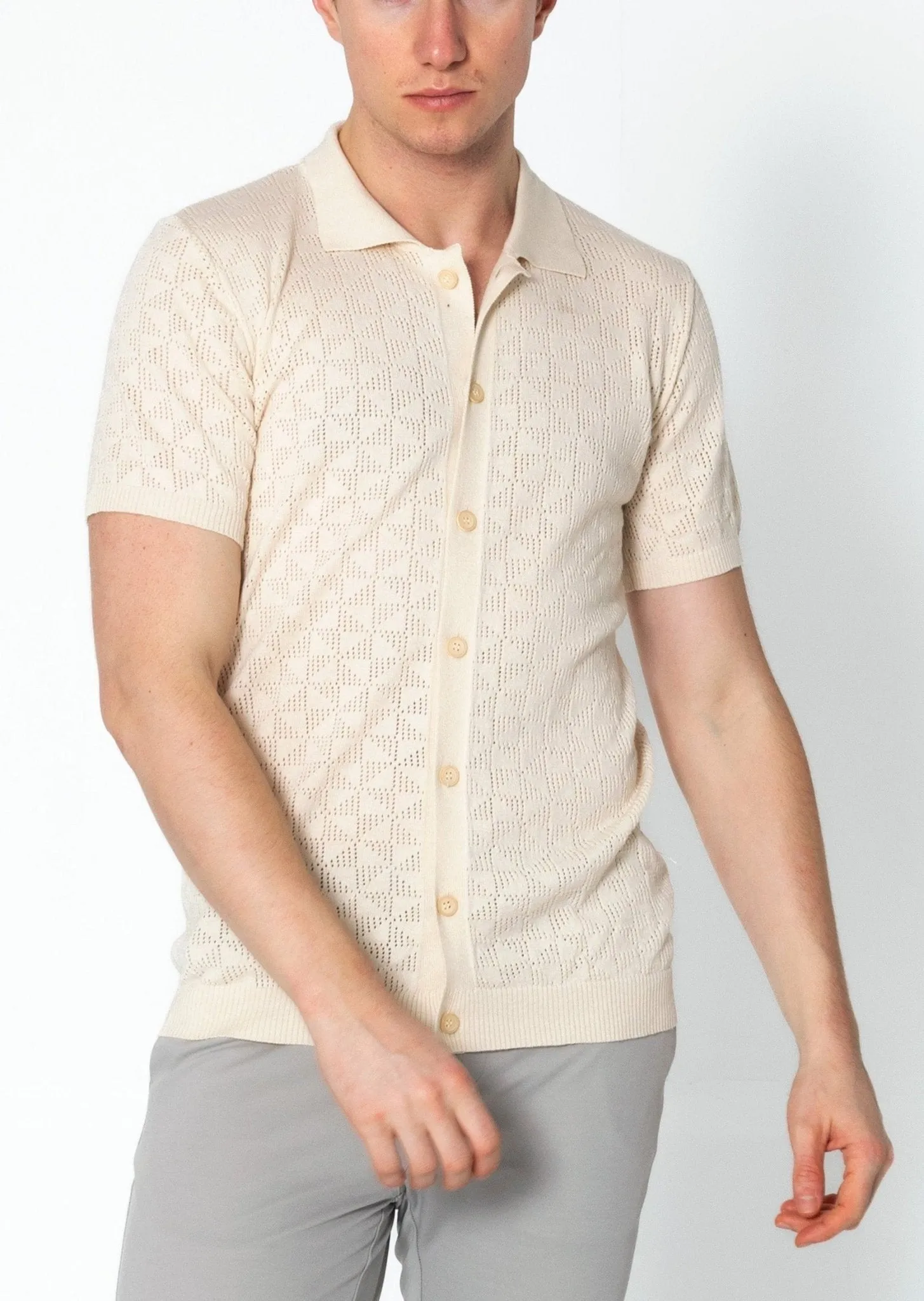 Geometric Crochet Knit Polo - Beige