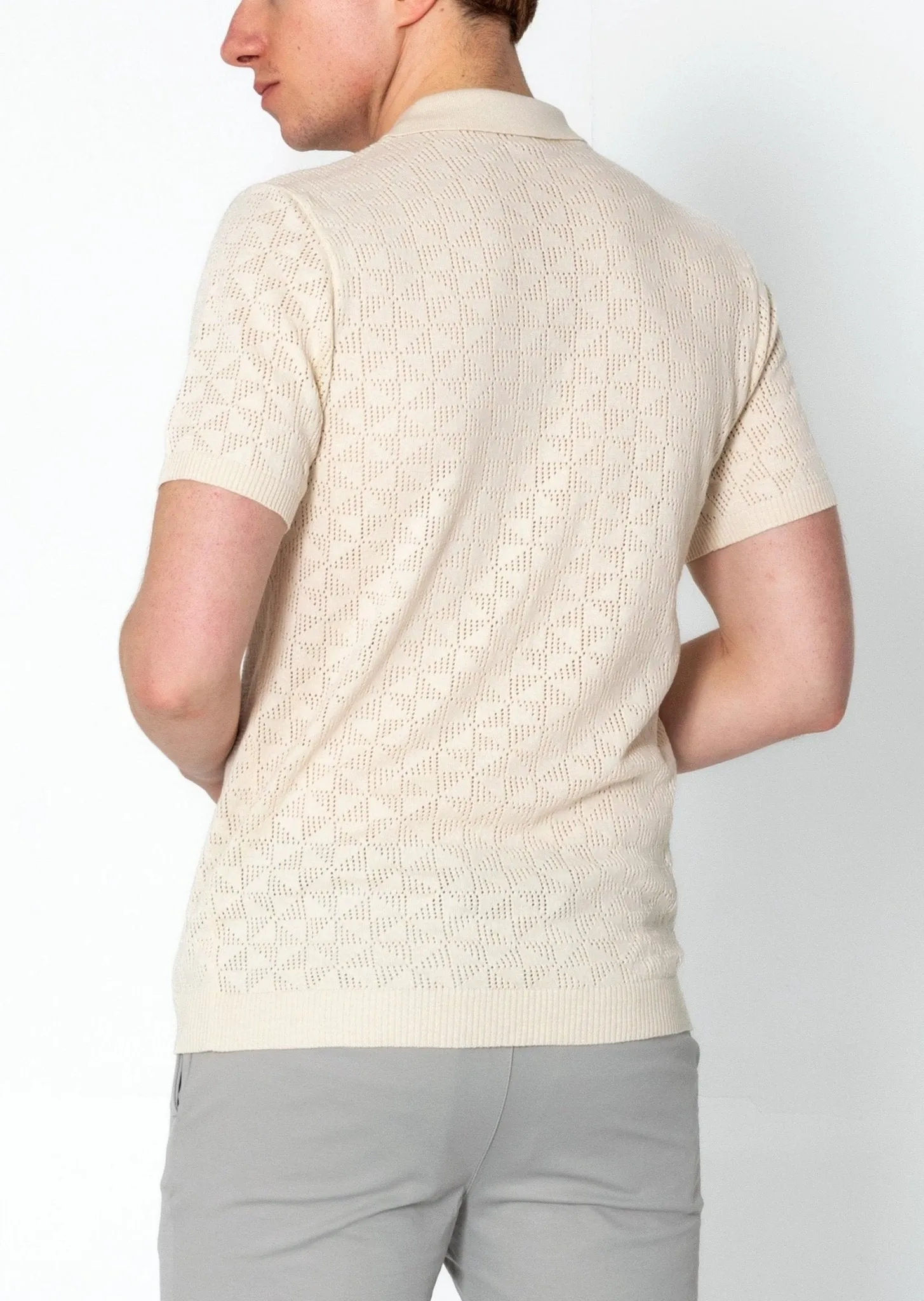 Geometric Crochet Knit Polo - Beige