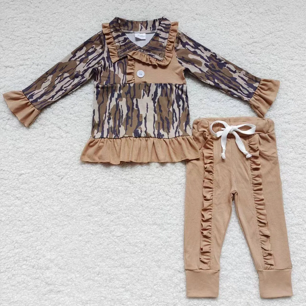 Girl camo ruffle lace polo top long pants outfit GLP0593