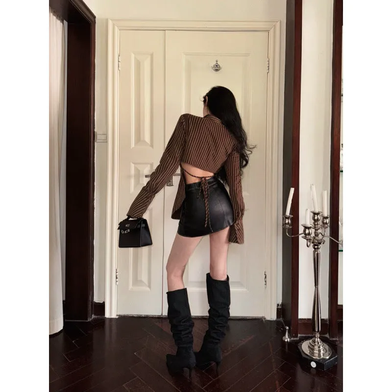 Girlary-shop 2000s fashion Spring Hot Girl American Preppy Style Striped Hollow Lace-up Long Sleeve Shirt Maillard Bell Sleeve Top for Women
