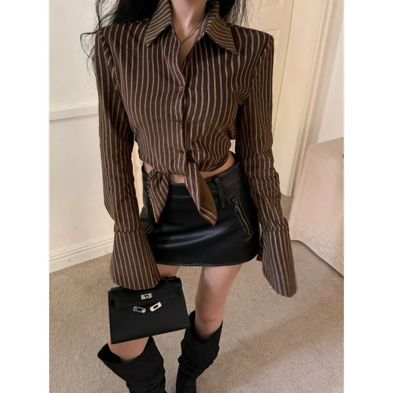 Girlary-shop 2000s fashion Spring Hot Girl American Preppy Style Striped Hollow Lace-up Long Sleeve Shirt Maillard Bell Sleeve Top for Women