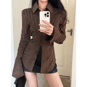 Girlary-shop 2000s fashion Spring Hot Girl American Preppy Style Striped Hollow Lace-up Long Sleeve Shirt Maillard Bell Sleeve Top for Women