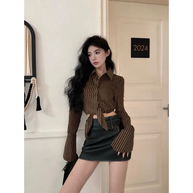Girlary-shop 2000s fashion Spring Hot Girl American Preppy Style Striped Hollow Lace-up Long Sleeve Shirt Maillard Bell Sleeve Top for Women