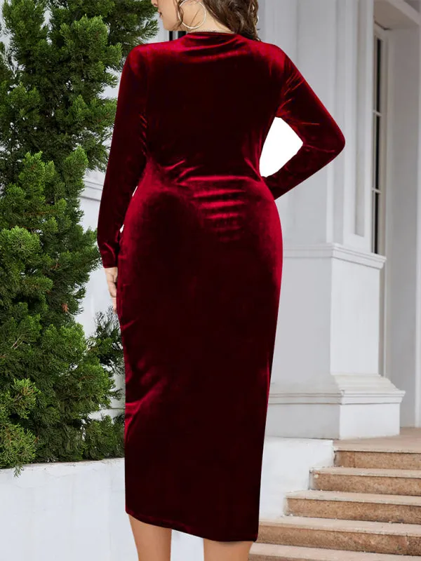 Gold velvet V-neck bodycon and sexy pleated wrap dress