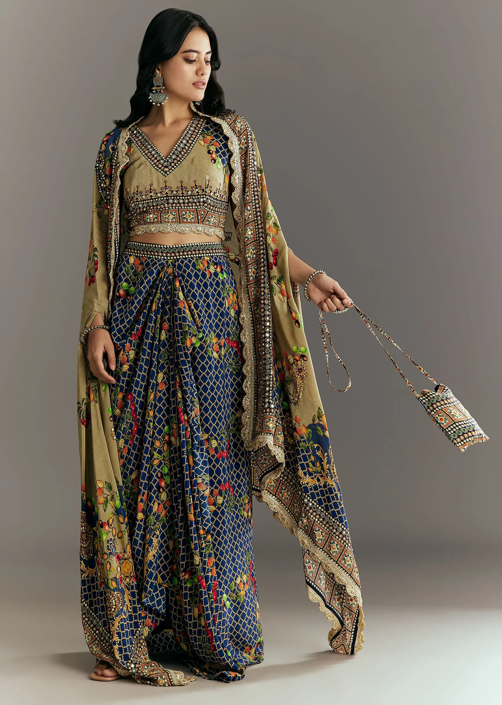 Greenish Beige Muslin Embroidered Croptop With Printed Skirt And Cape