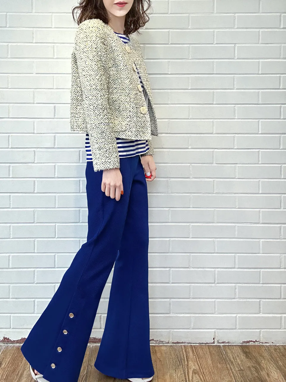 Grey/ Cream Button Front Boxy Bouclè Tweed Crop Jacket