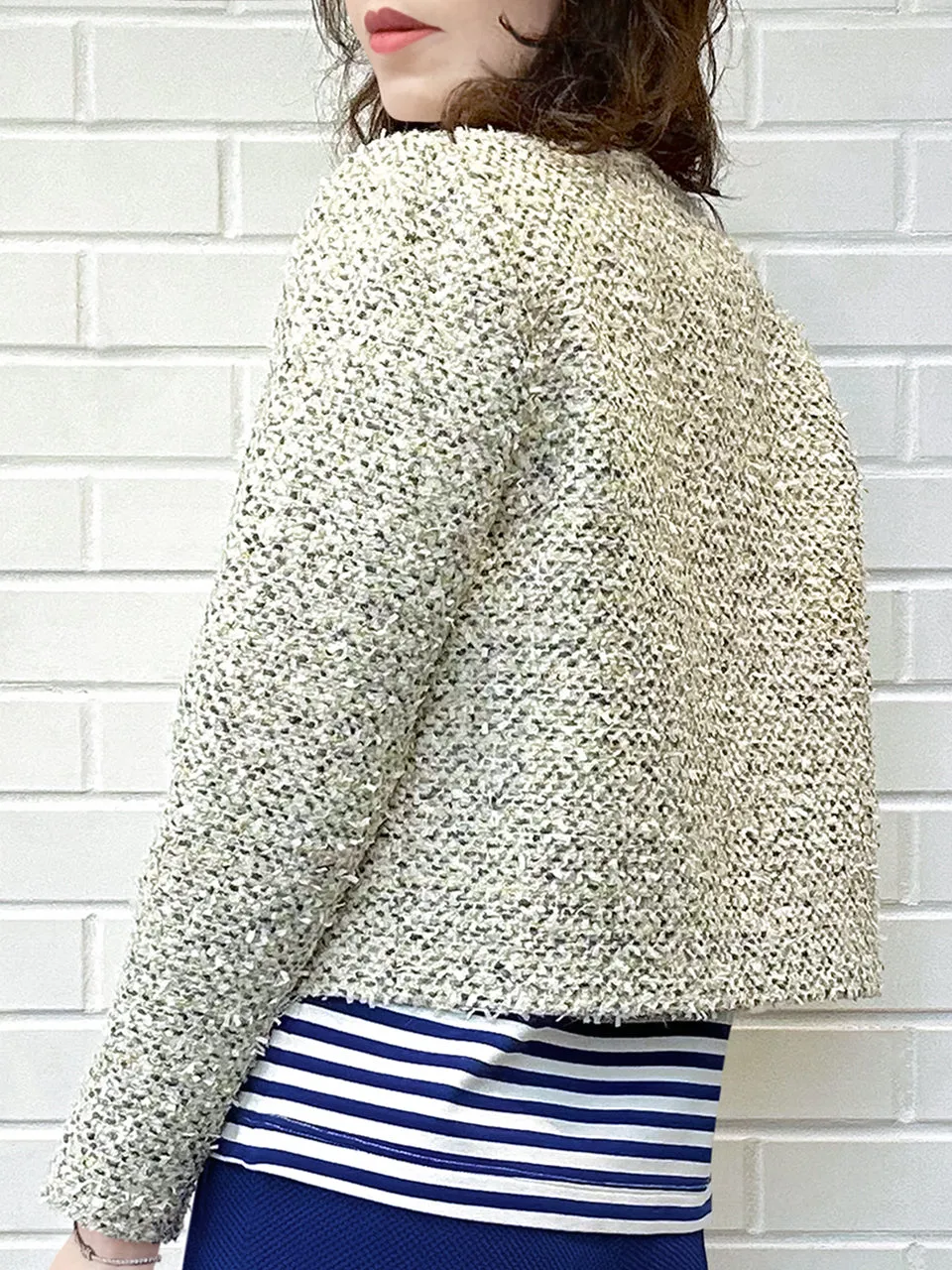 Grey/ Cream Button Front Boxy Bouclè Tweed Crop Jacket