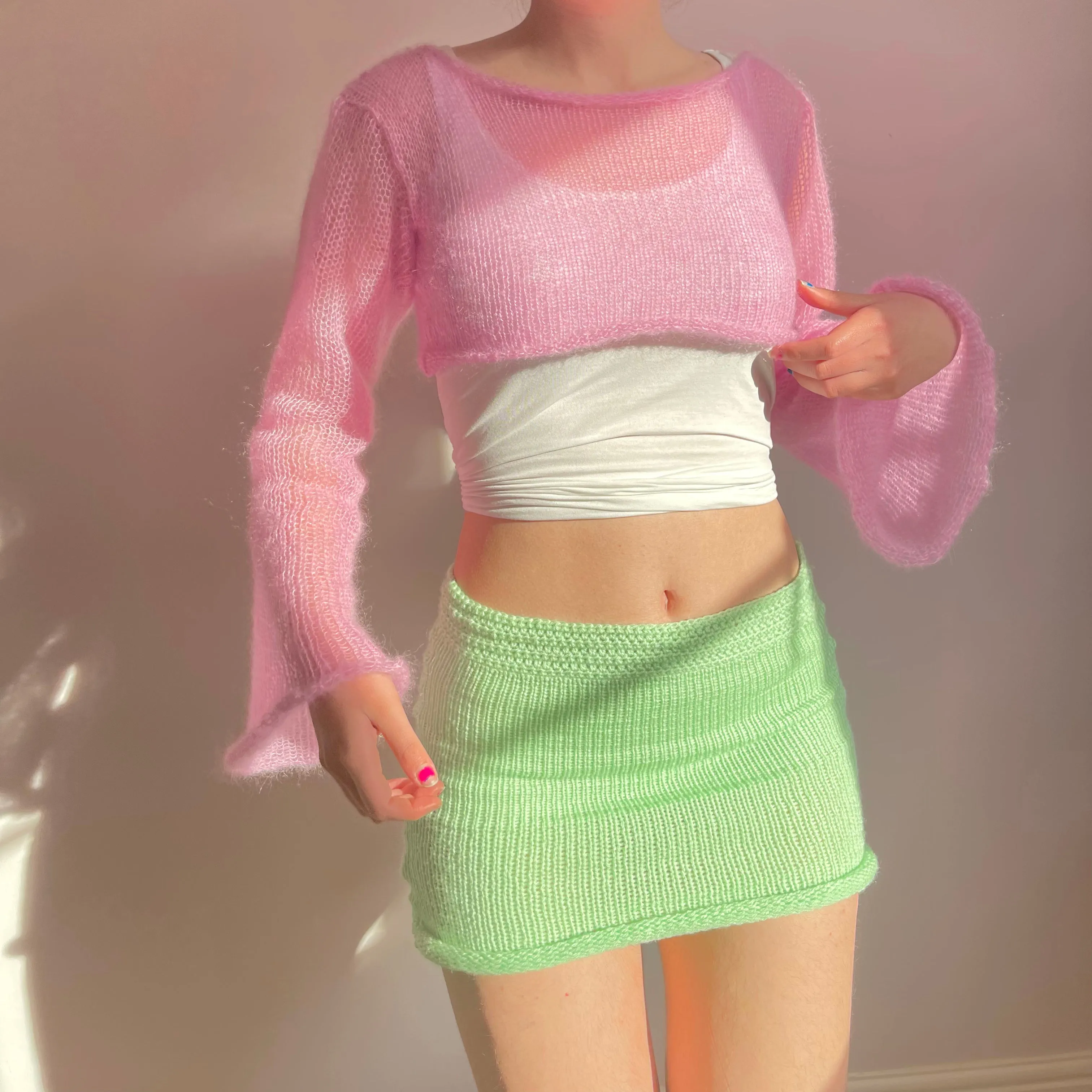 Handmade knitted baby pink mohair cropped jumper