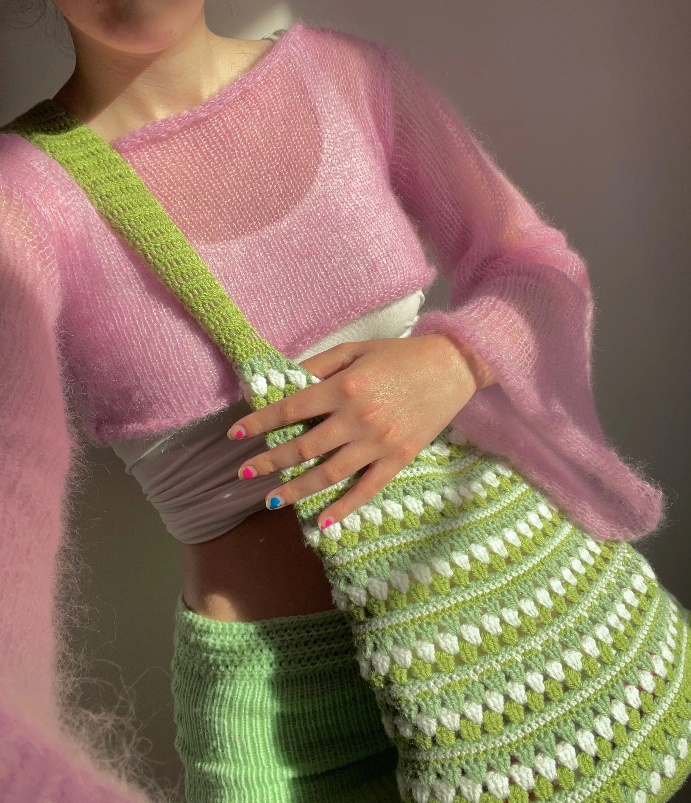 Handmade knitted baby pink mohair cropped jumper