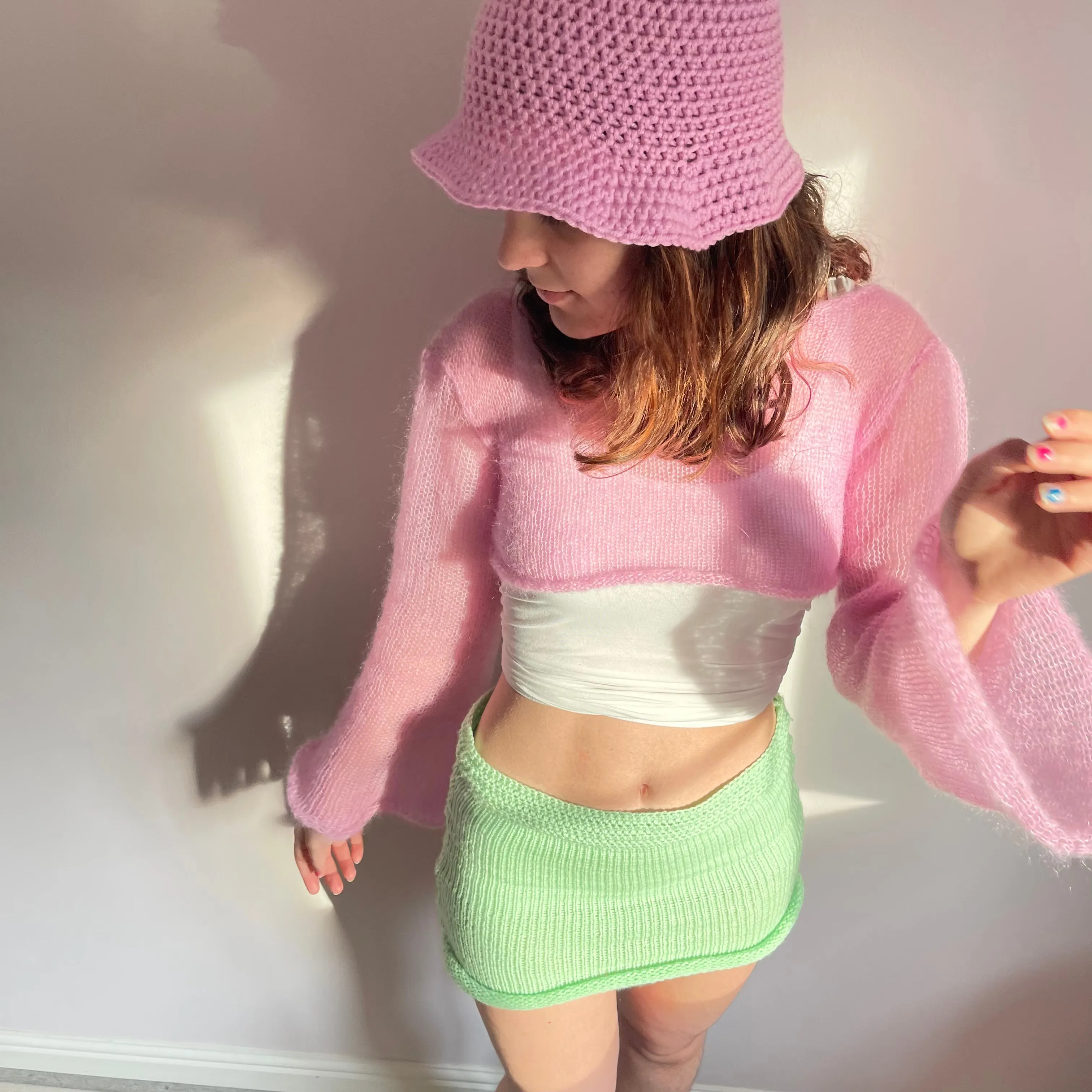 Handmade knitted baby pink mohair cropped jumper