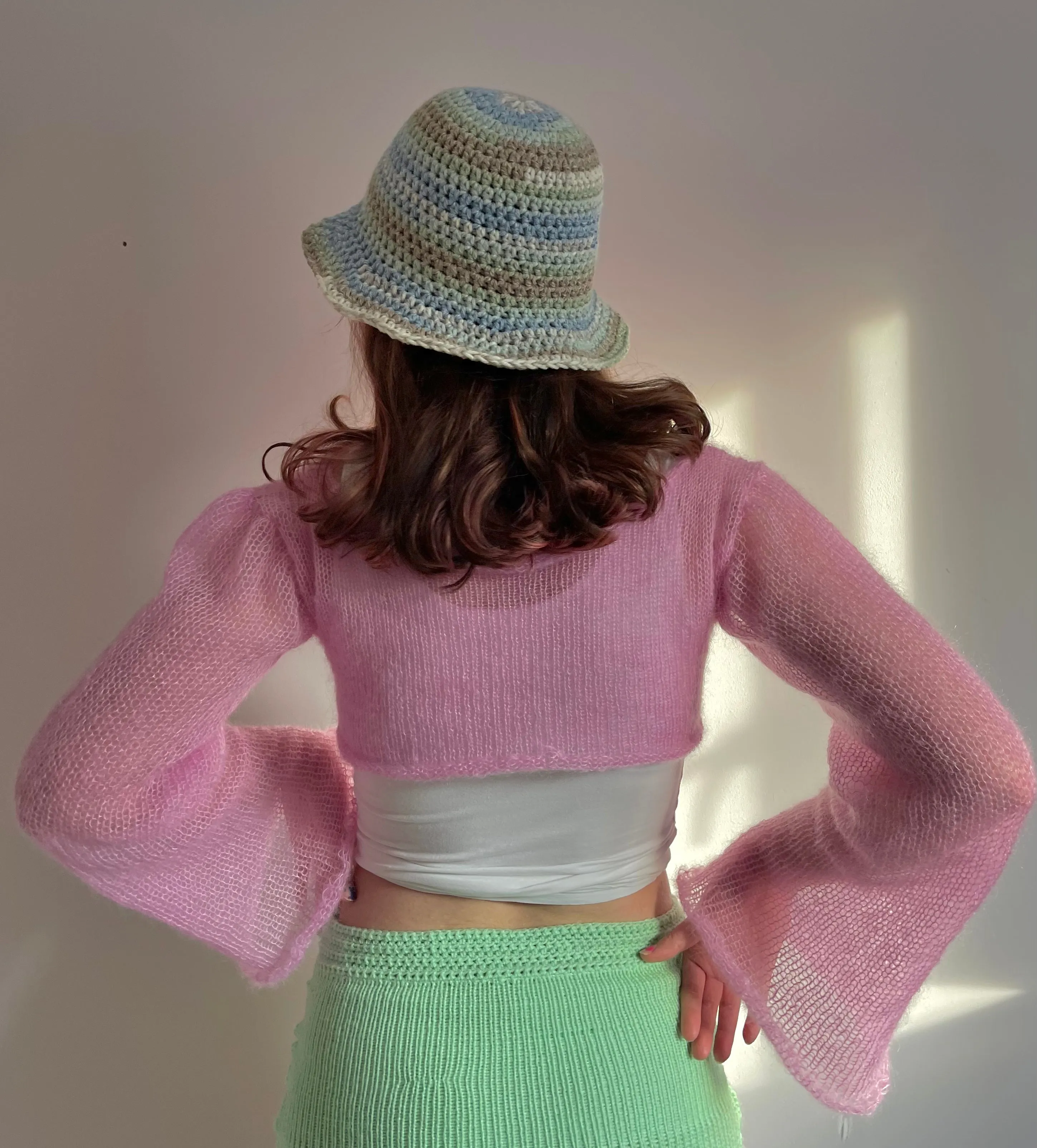 Handmade knitted baby pink mohair cropped jumper