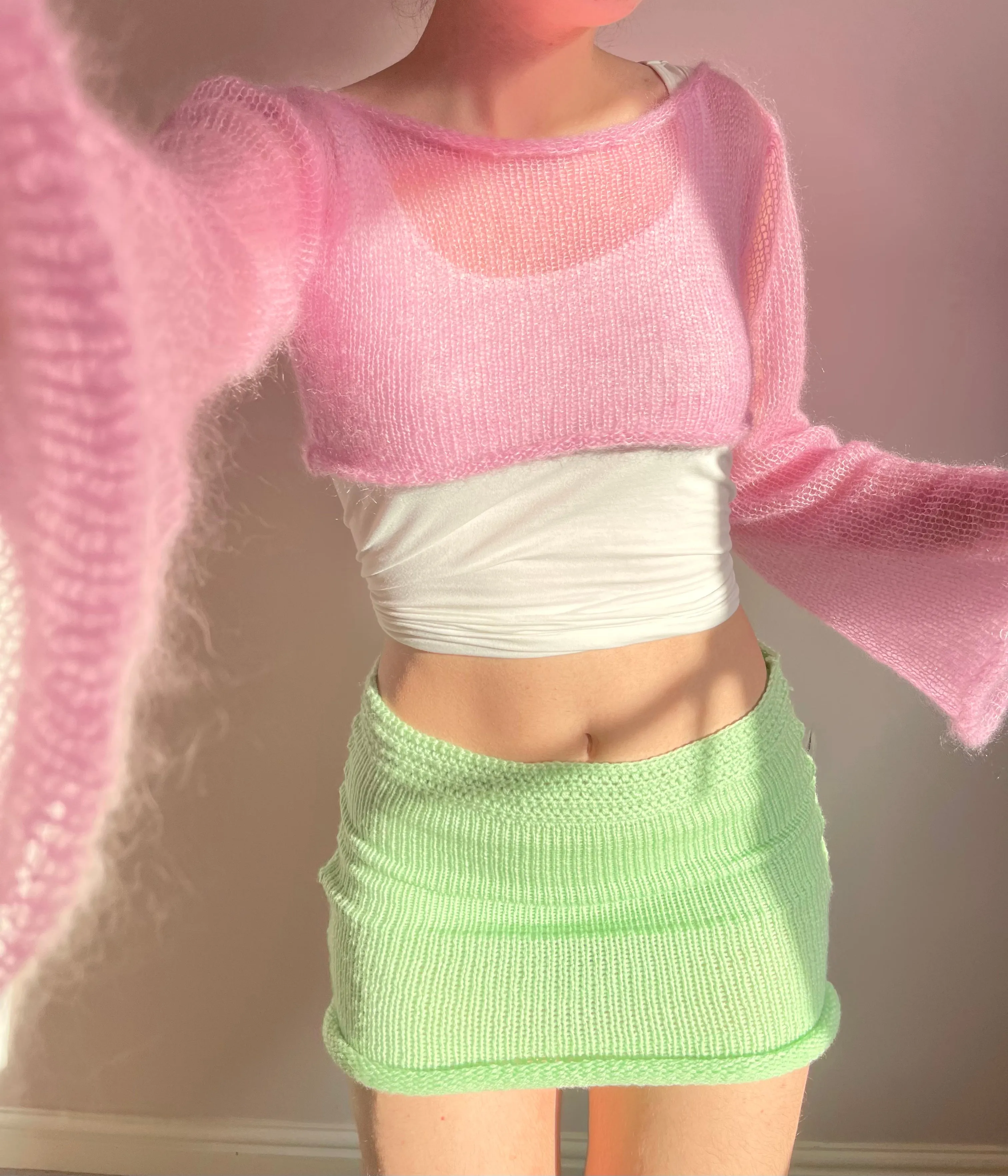 Handmade knitted baby pink mohair cropped jumper