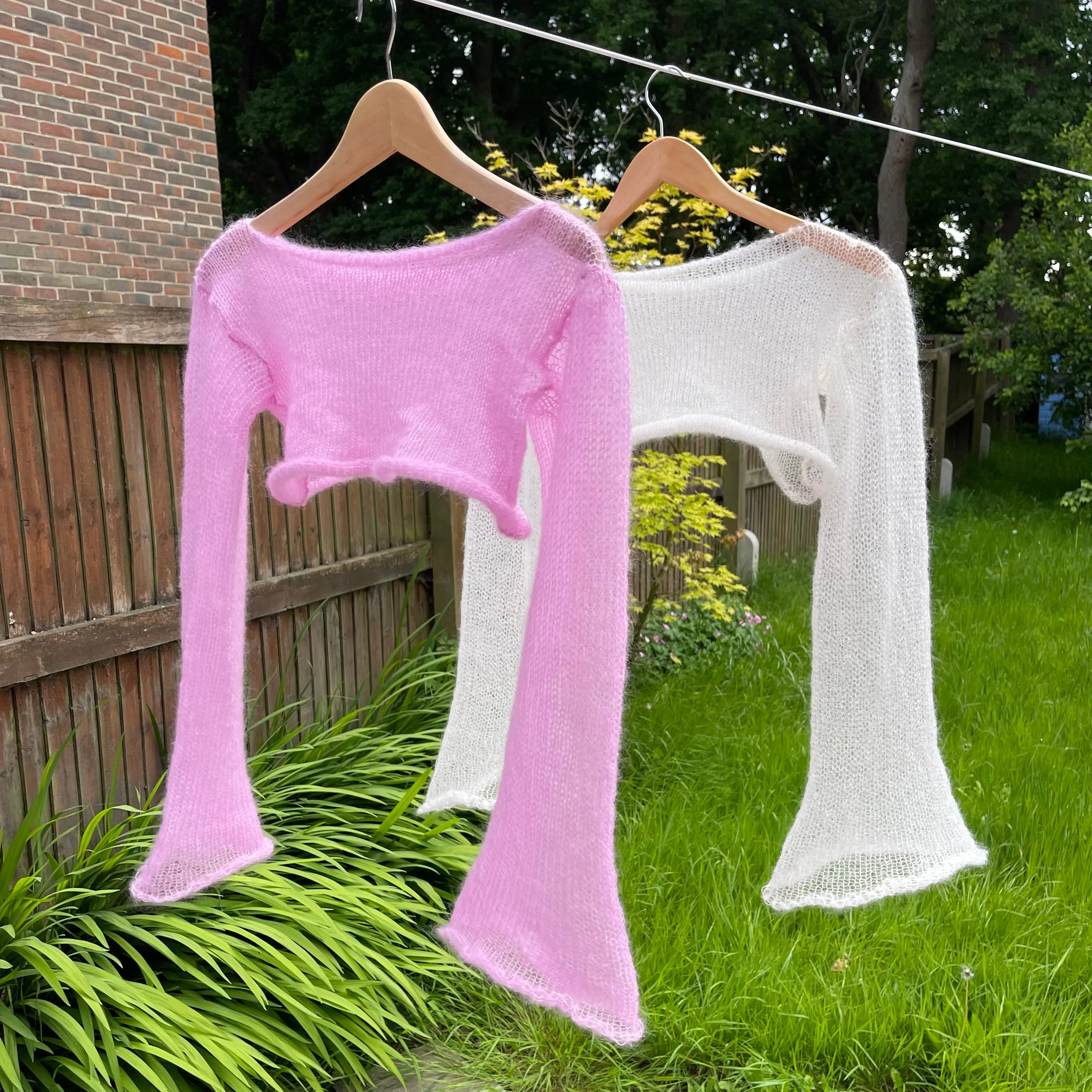 Handmade knitted baby pink mohair cropped jumper