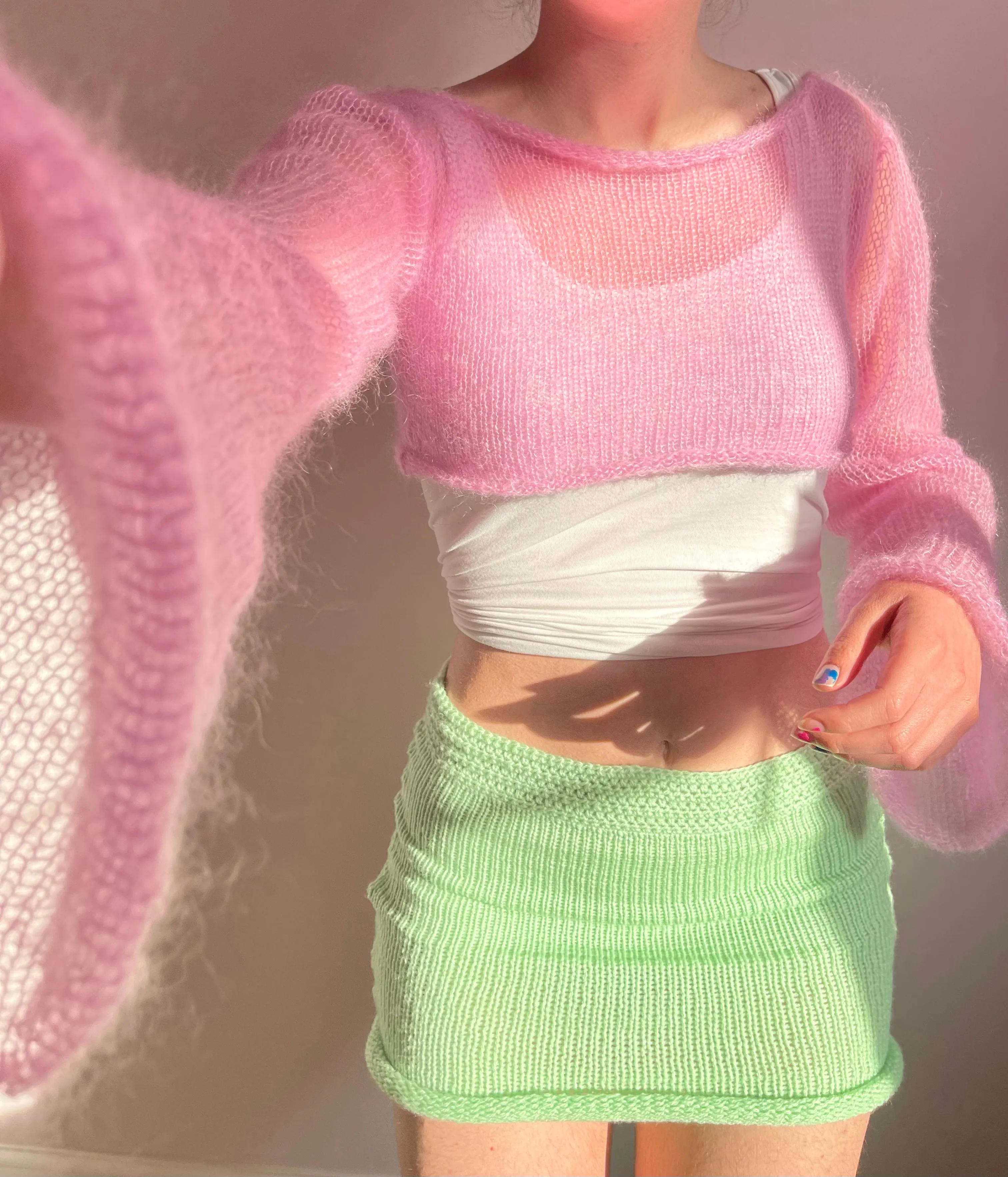 Handmade knitted baby pink mohair cropped jumper