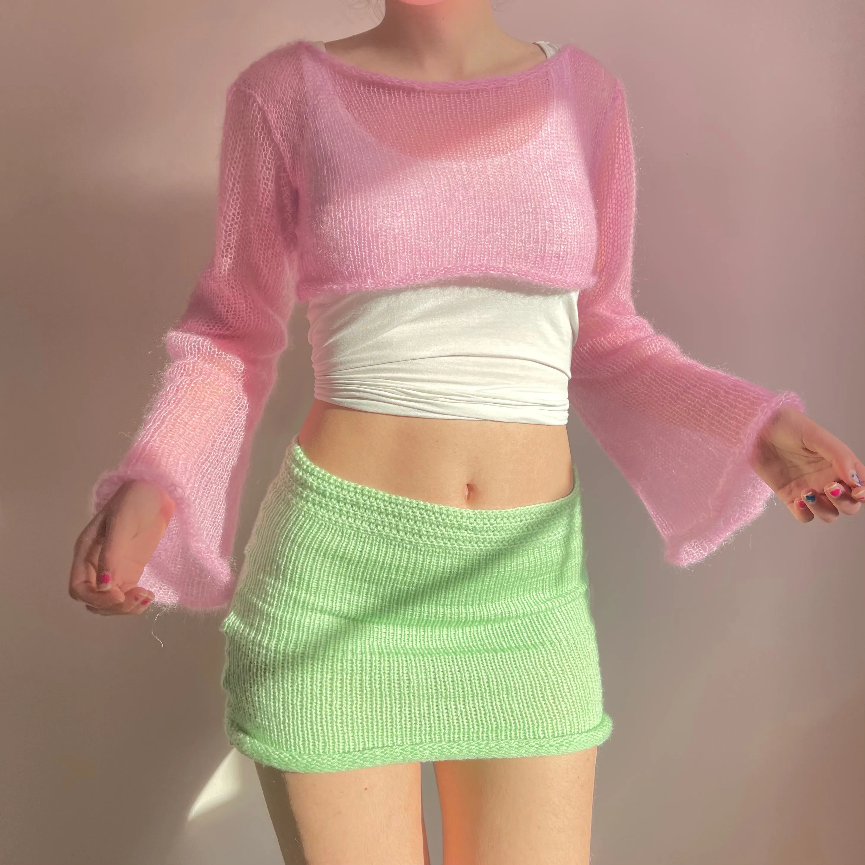Handmade knitted baby pink mohair cropped jumper
