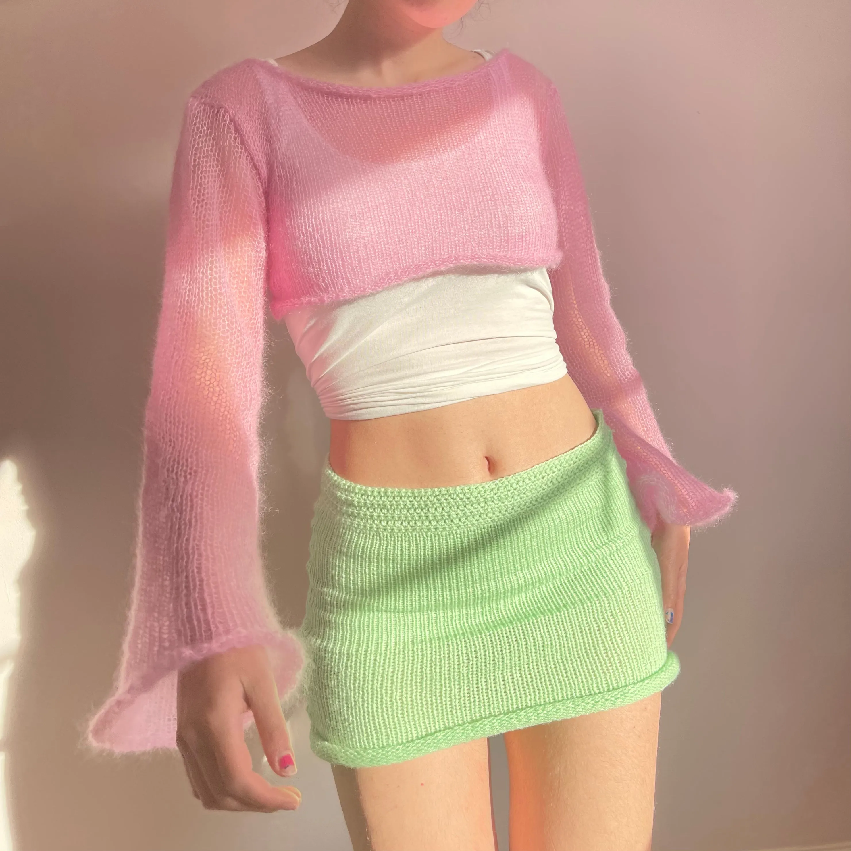 Handmade knitted baby pink mohair cropped jumper