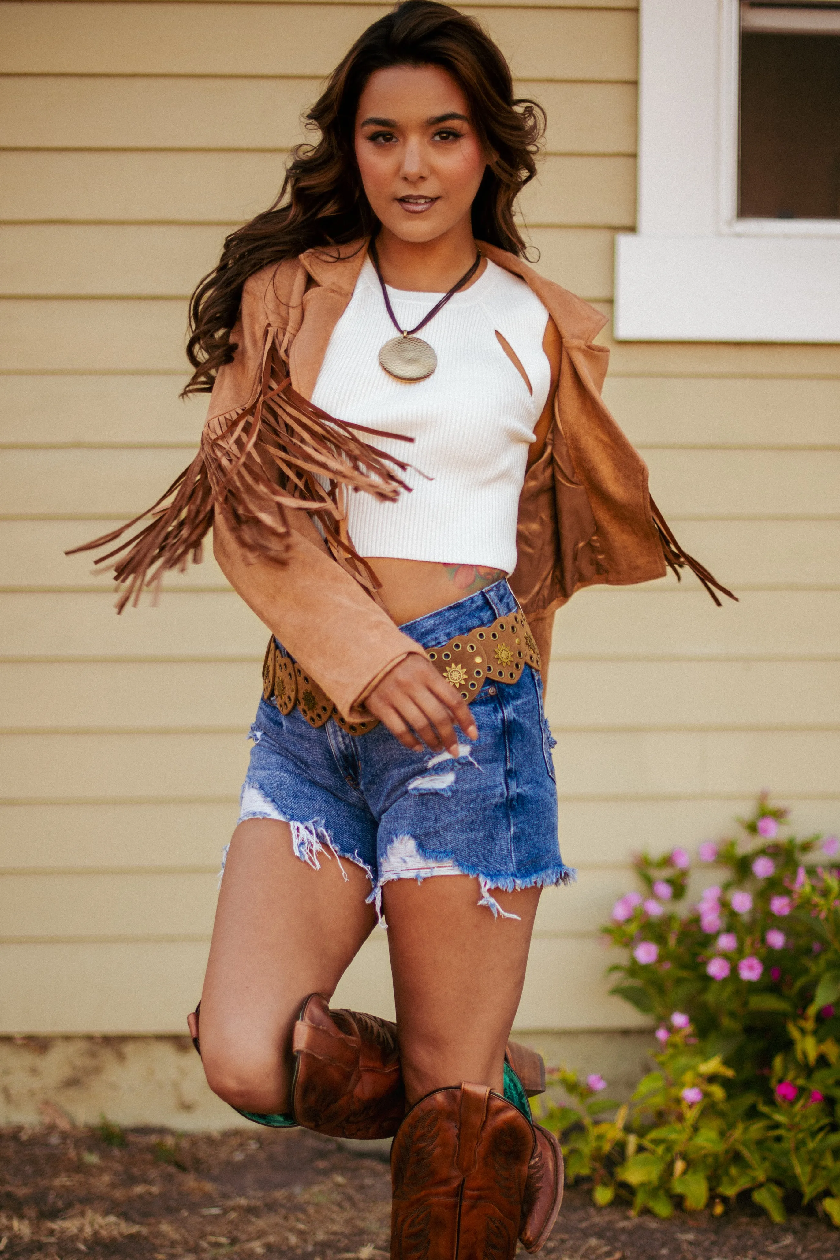 Heartbreaker Faux Suede Fringe Crop Jacket - Tan