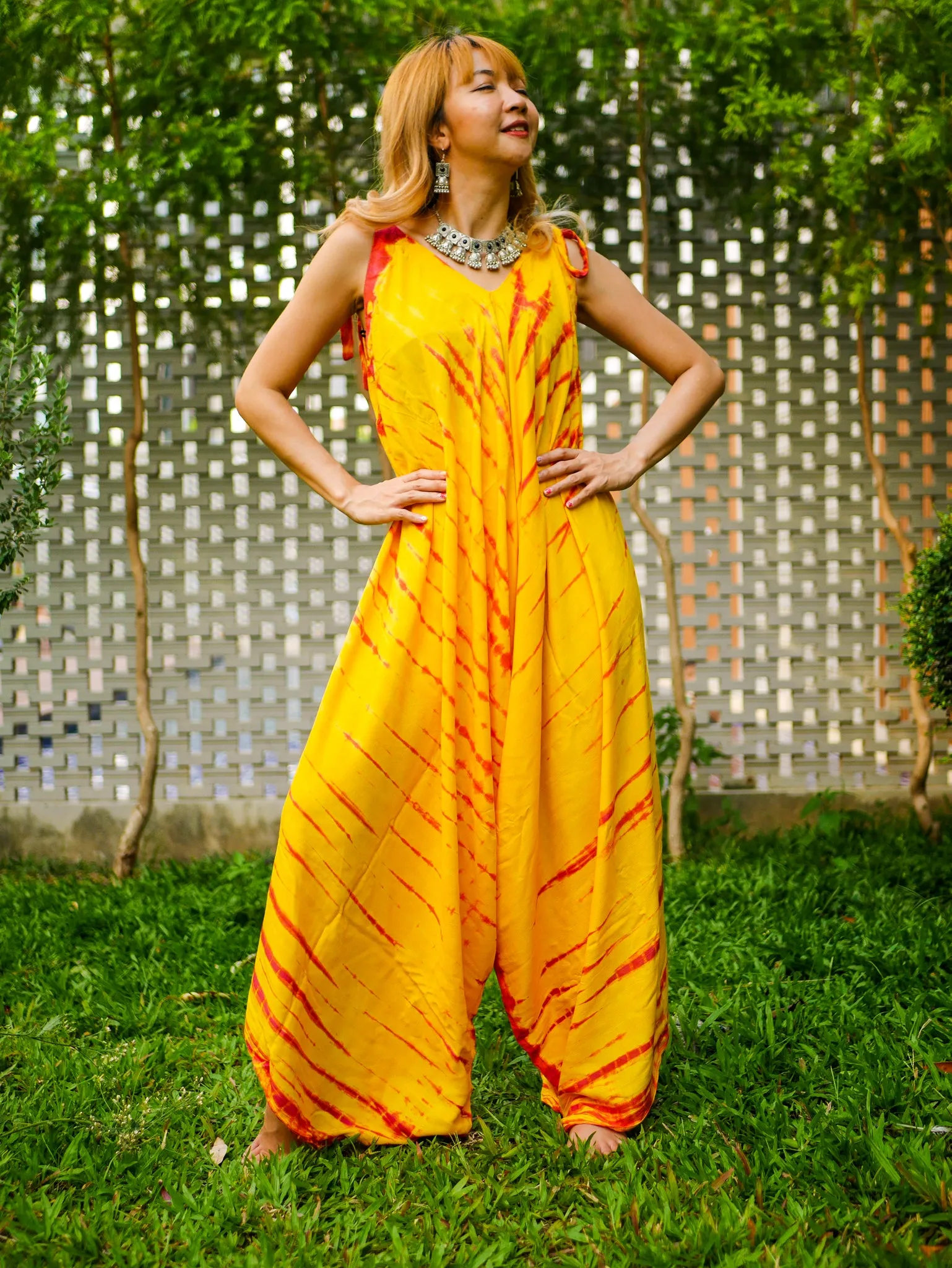 J0368- Hand Dyed Wide Leg Boho Hippie Jumpsuits Rompers Pants with Pockets