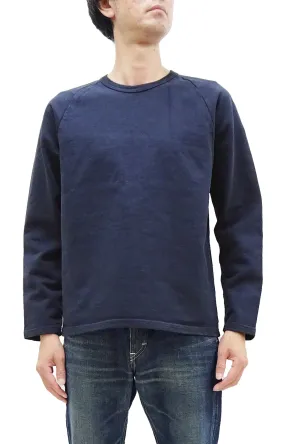 Japan Blue Jeans Long Sleeve French Terry T-Shirt Men's Casual Plain Crew-Neck Raglan-Sleeve Inlay Shirt JBKN1001 Navy-Blue
