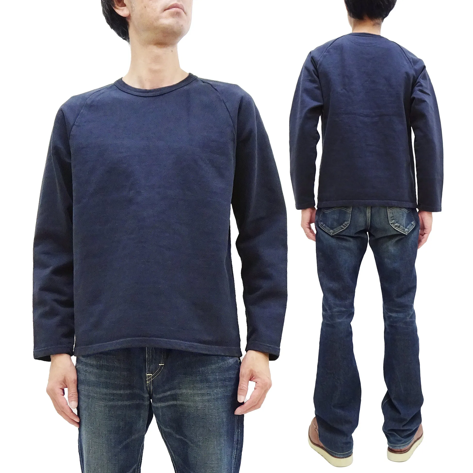 Japan Blue Jeans Long Sleeve French Terry T-Shirt Men's Casual Plain Crew-Neck Raglan-Sleeve Inlay Shirt JBKN1001 Navy-Blue