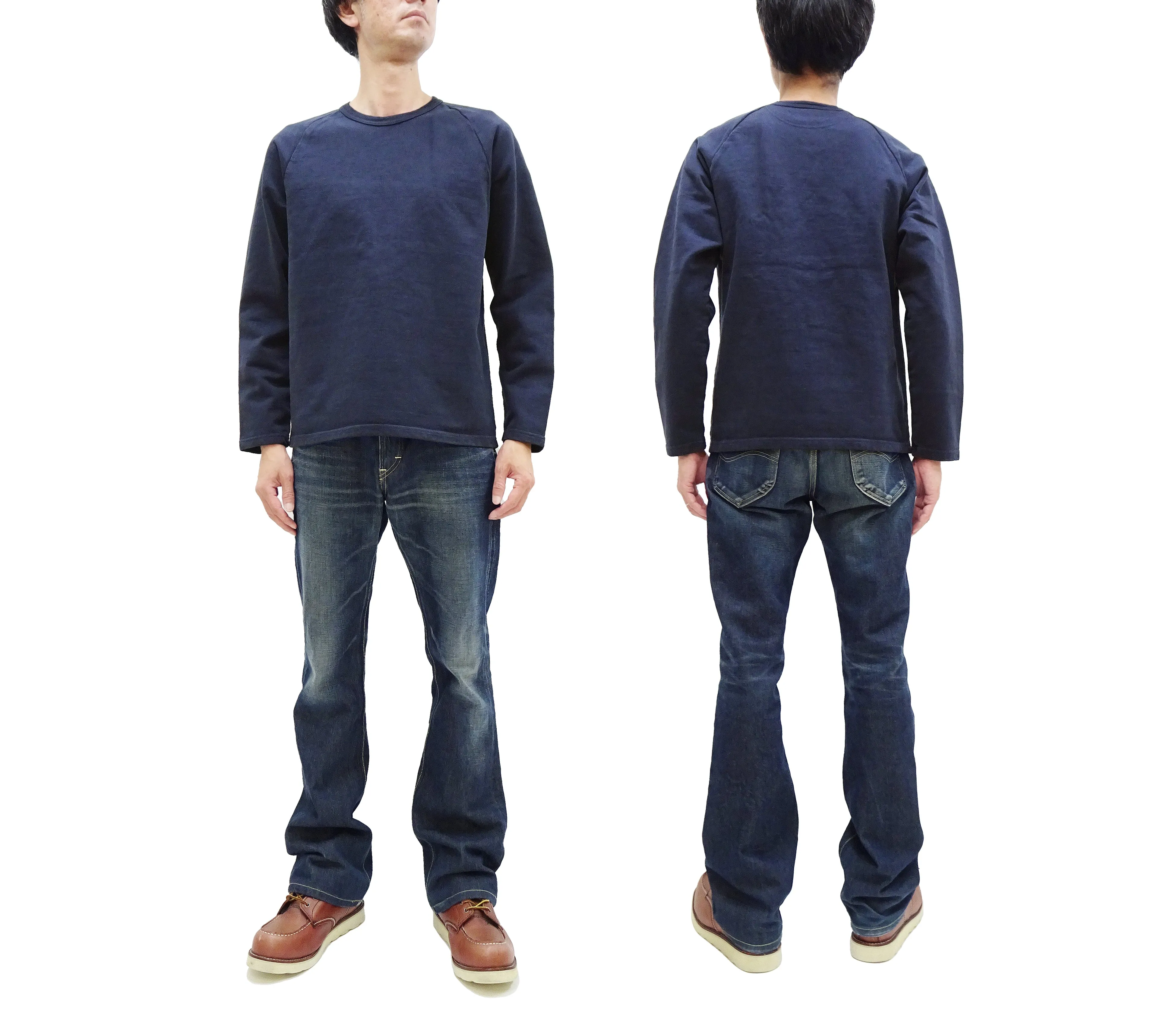 Japan Blue Jeans Long Sleeve French Terry T-Shirt Men's Casual Plain Crew-Neck Raglan-Sleeve Inlay Shirt JBKN1001 Navy-Blue