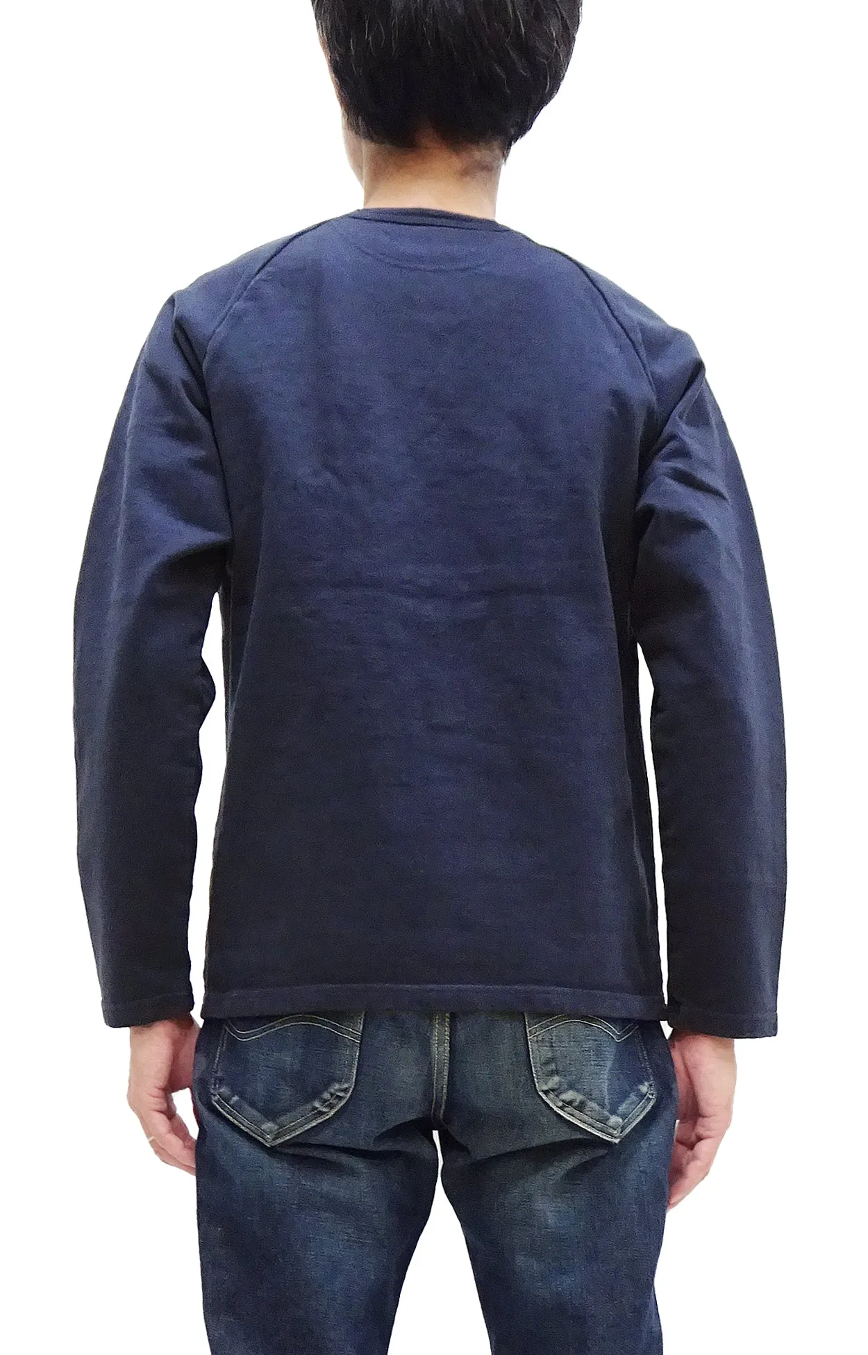 Japan Blue Jeans Long Sleeve French Terry T-Shirt Men's Casual Plain Crew-Neck Raglan-Sleeve Inlay Shirt JBKN1001 Navy-Blue