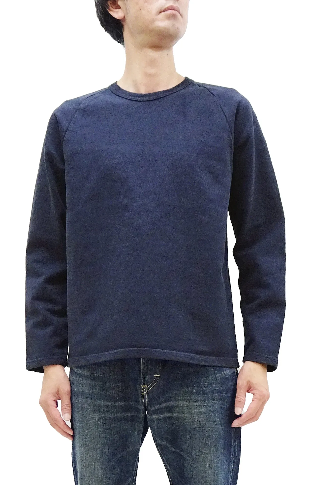 Japan Blue Jeans Long Sleeve French Terry T-Shirt Men's Casual Plain Crew-Neck Raglan-Sleeve Inlay Shirt JBKN1001 Navy-Blue