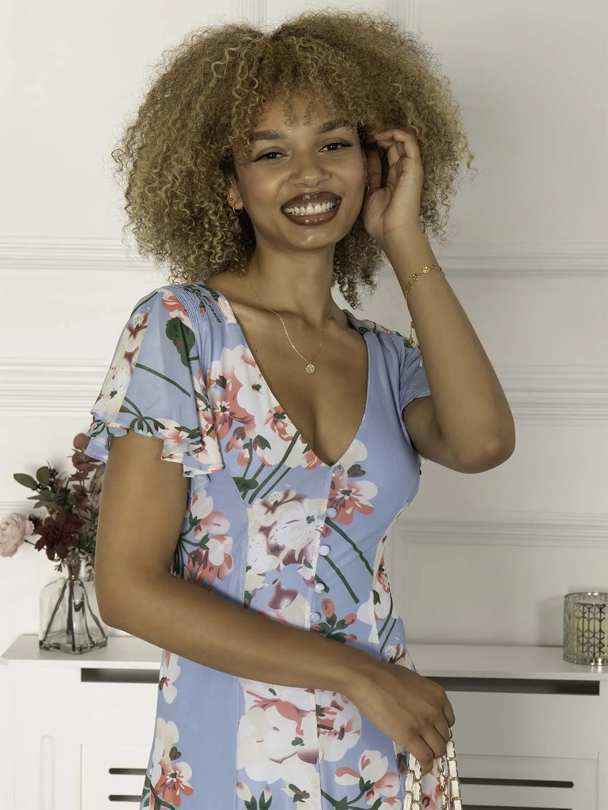 Jolie Moi Bellona Fit & Flare Mesh Dress, Blue Floral