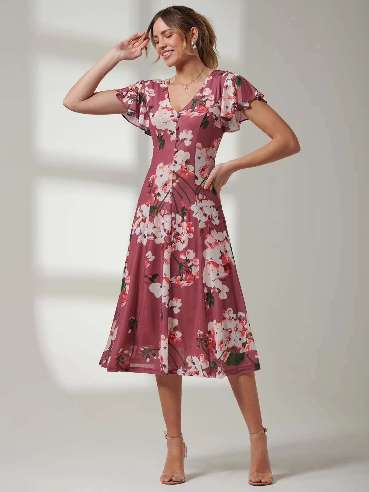 Jolie Moi Bellona Fit & Flare Mesh Dress, Dark Mauve