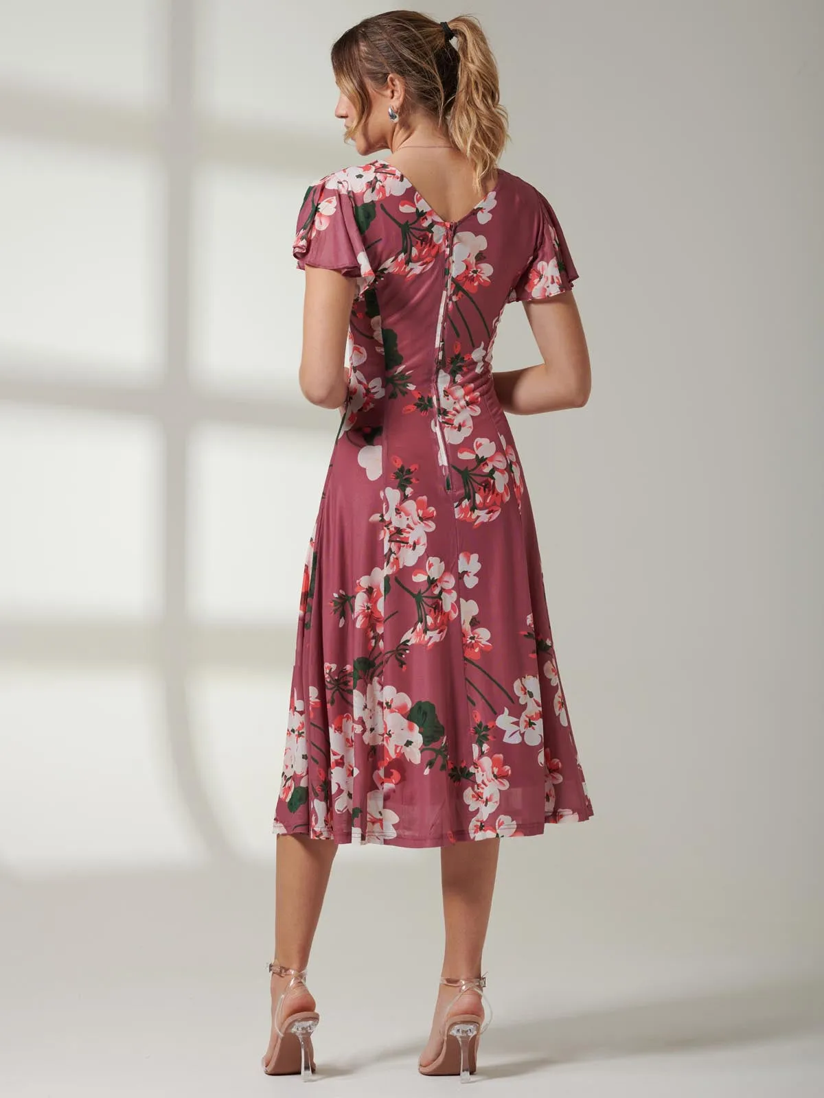 Jolie Moi Bellona Fit & Flare Mesh Dress, Dark Mauve