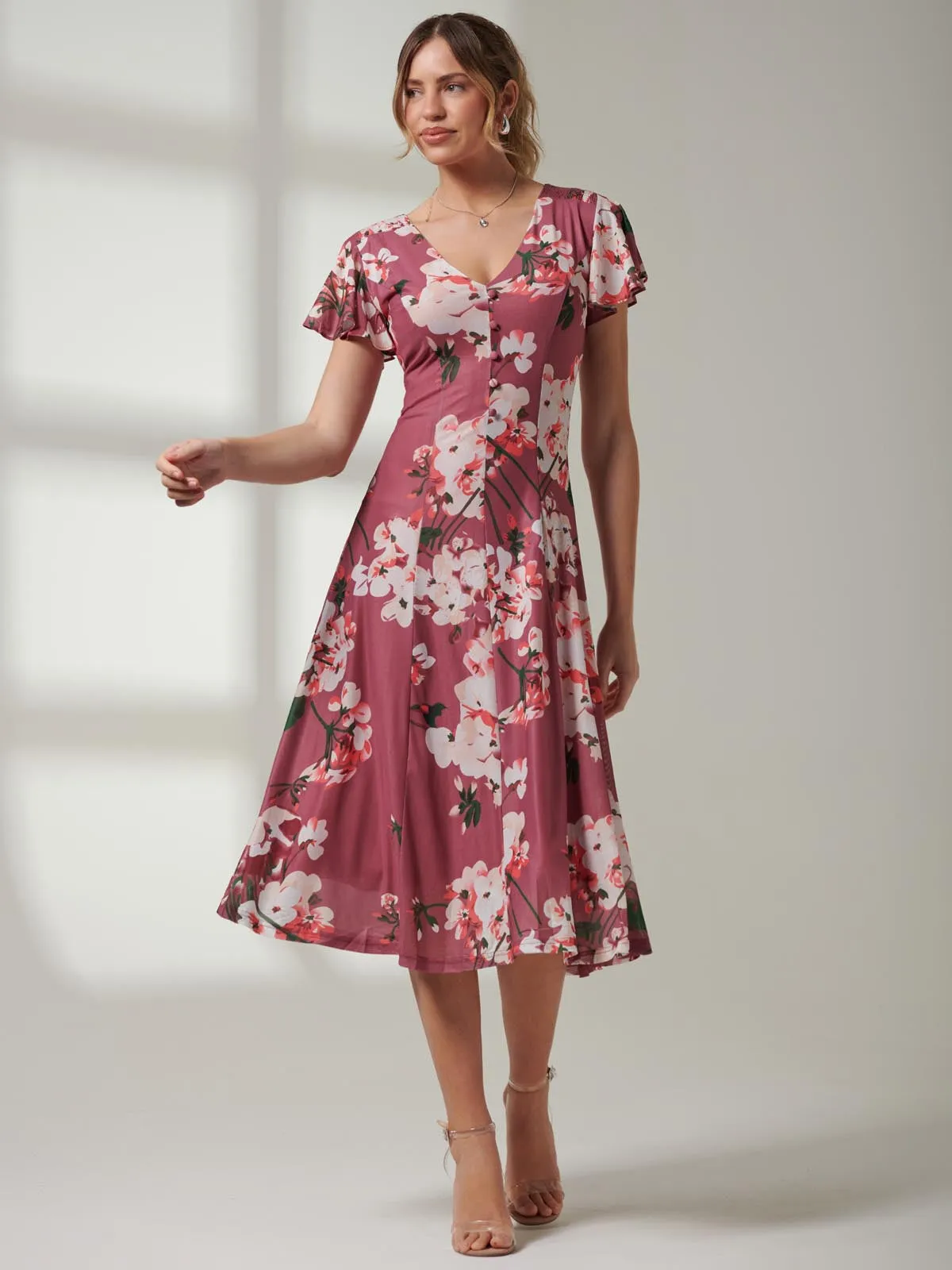 Jolie Moi Bellona Fit & Flare Mesh Dress, Dark Mauve