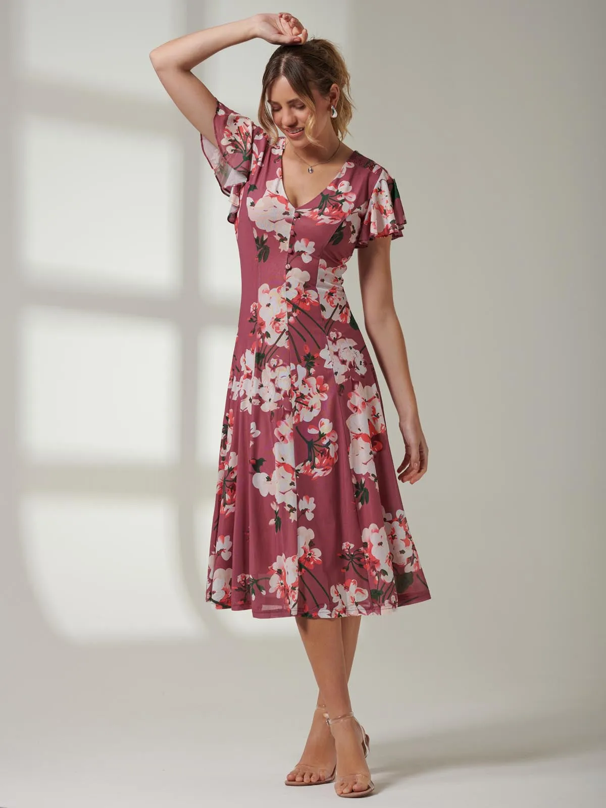 Jolie Moi Bellona Fit & Flare Mesh Dress, Dark Mauve