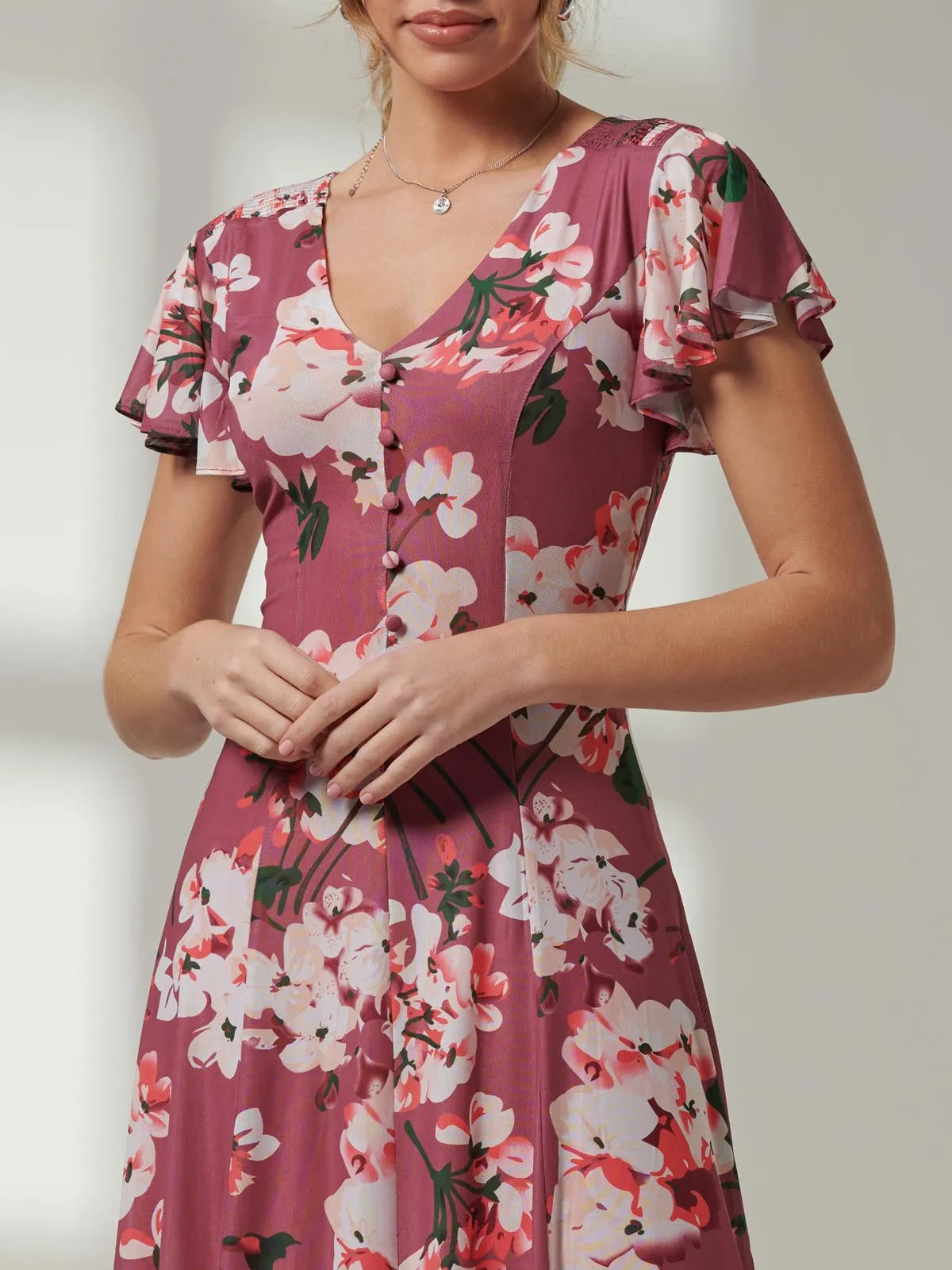 Jolie Moi Bellona Fit & Flare Mesh Dress, Dark Mauve