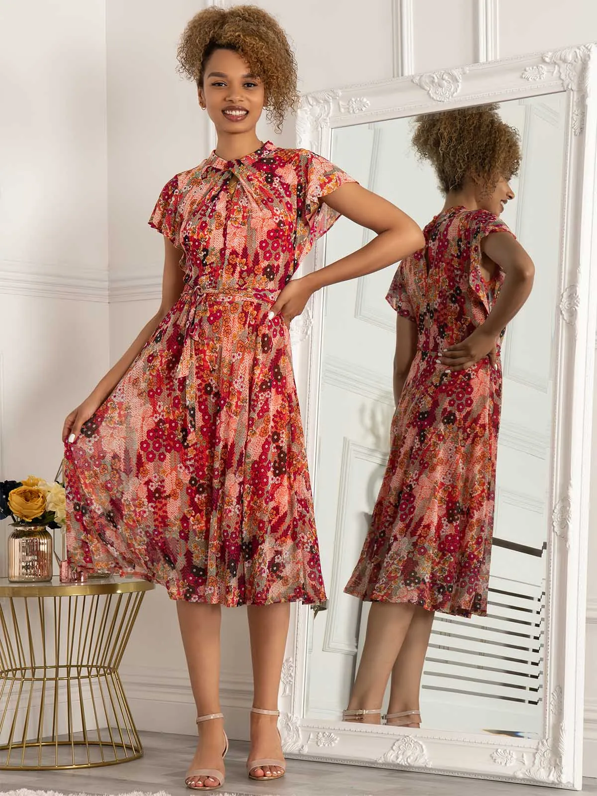 Jolie Moi Luella Key Hole Mesh Dress, Orange Multi