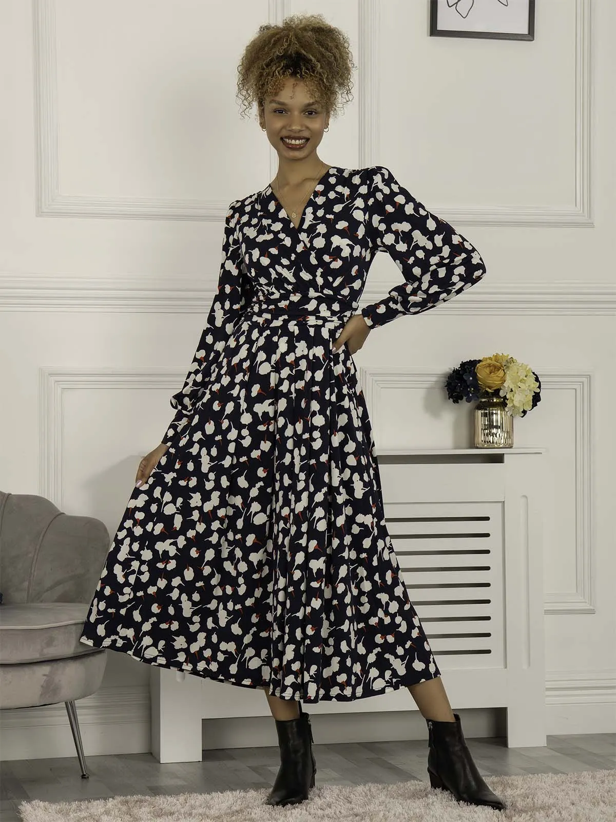Jolie Moi Nancy Long Sleeve Maxi Dress, Navy White Floral