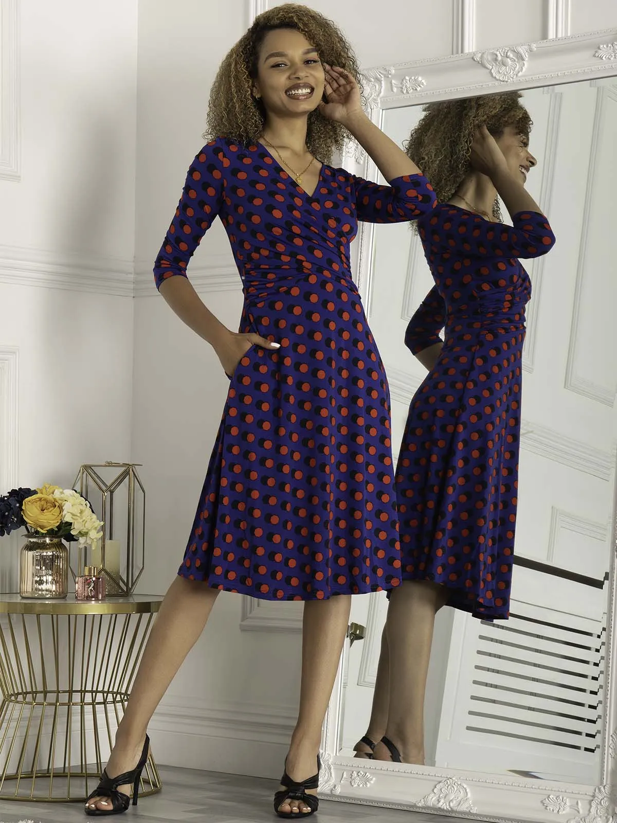 Jolie Moi Petra 3/4 Sleeve Ruched Dress, Blue Polka