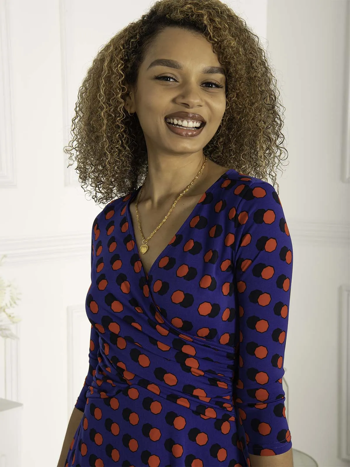 Jolie Moi Petra 3/4 Sleeve Ruched Dress, Blue Polka
