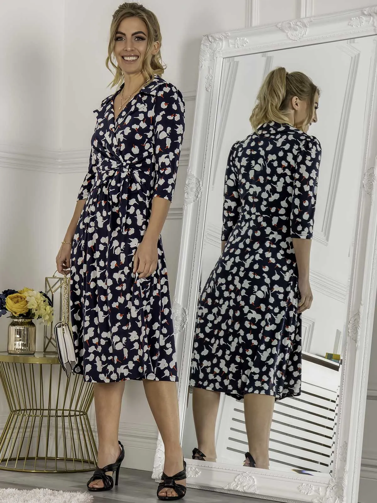 Jolie Moi Sylvie Wrap Collar Dress, Navy Floral