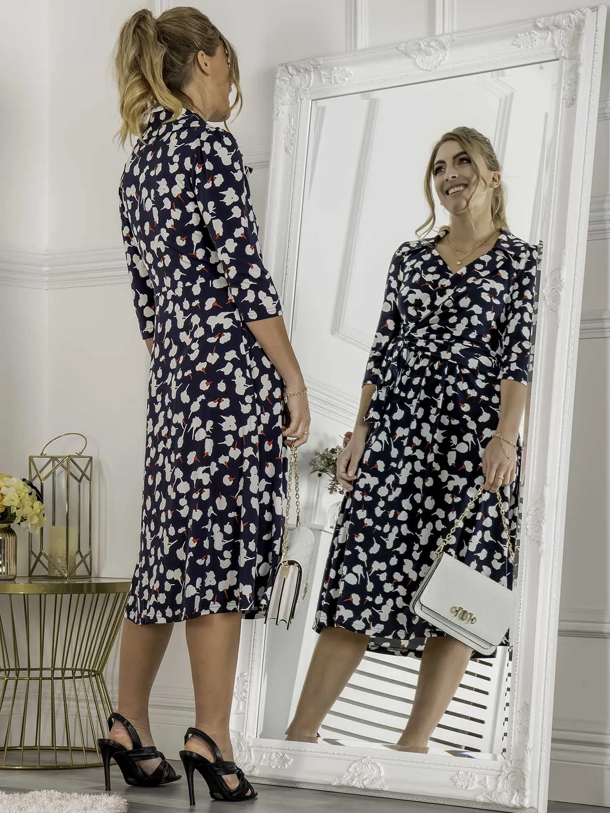 Jolie Moi Sylvie Wrap Collar Dress, Navy Floral