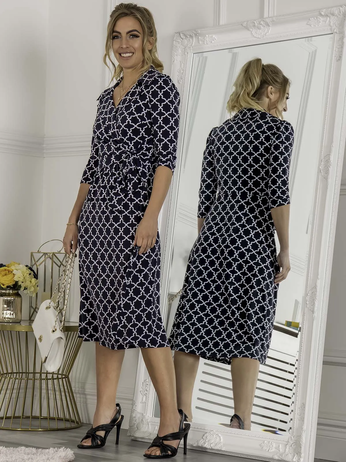 Jolie Moi Sylvie Wrap Collar Dress, Navy Geo