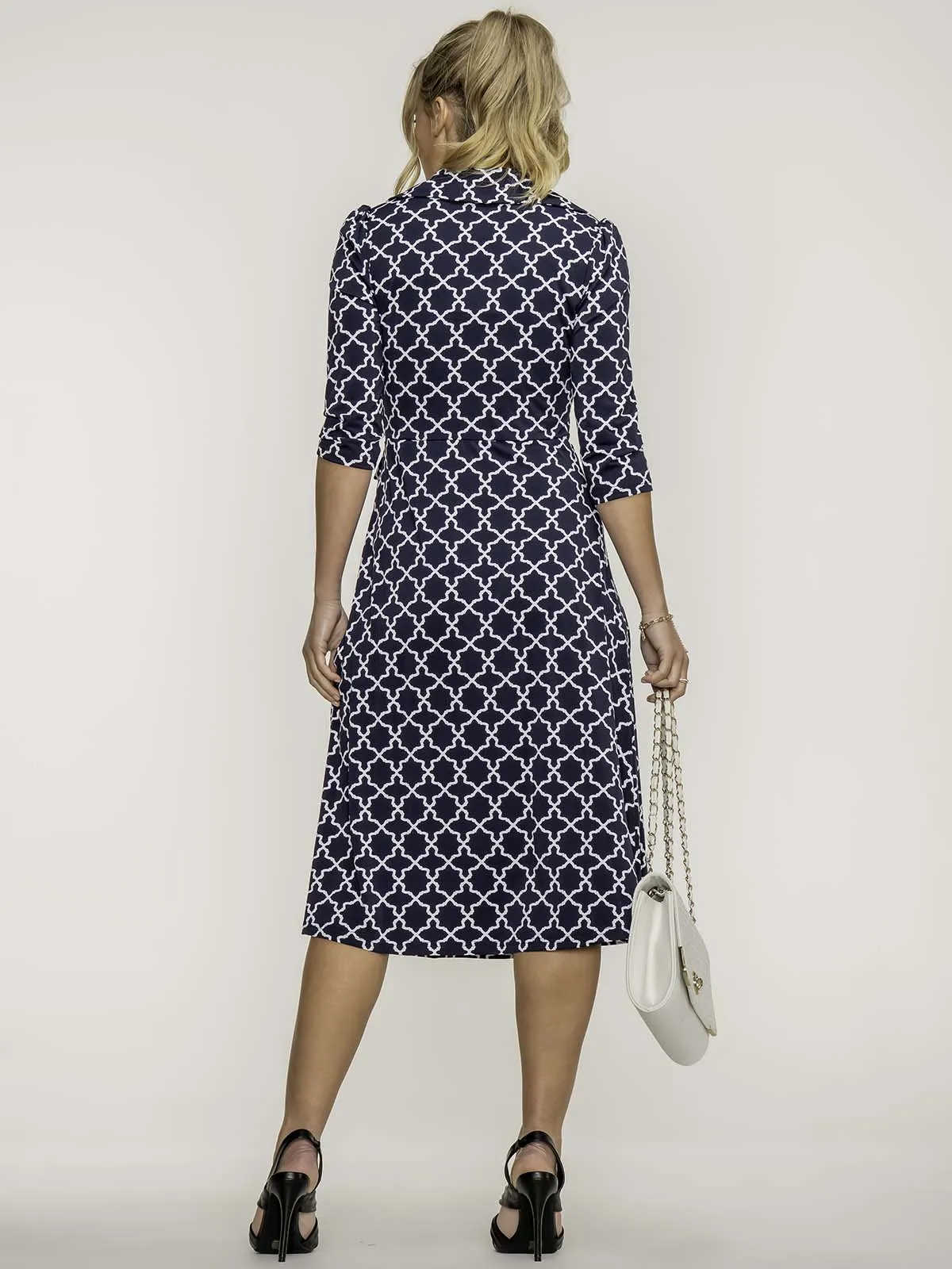 Jolie Moi Sylvie Wrap Collar Dress, Navy Geo