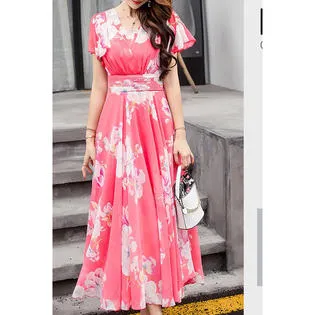 Ketty More Women Short Sleeve Beautiful Flower Printed Long Length V-Neck Fabulous Thin Dress-KMWDC6425